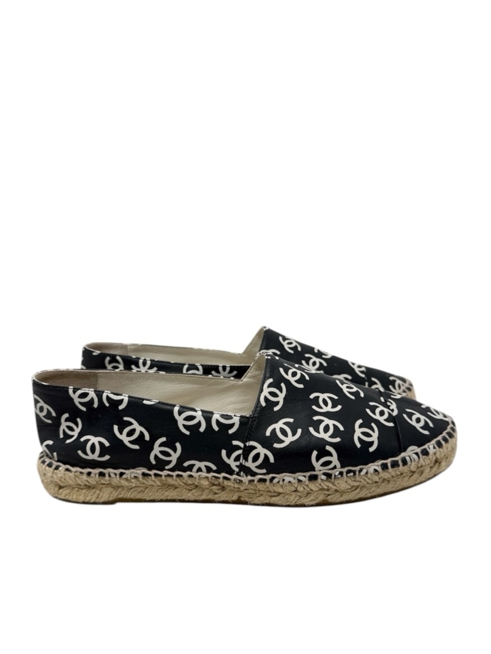 Chanel CC Monogram Logo Lambskin Leather Black White Espadrilles Size 40